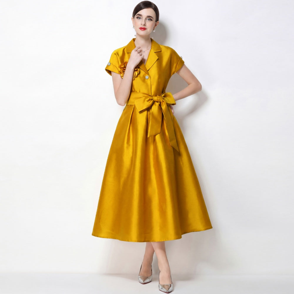 CM-DY072472 Women Elegant European Style Suit Collar Short Sleeve Pinched Waist Mid-Length Dress - Yellow