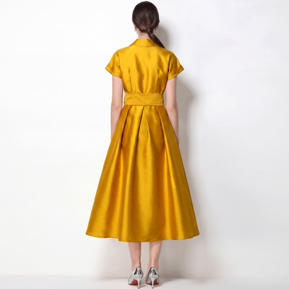 CM-DY072472 Women Elegant European Style Suit Collar Short Sleeve Pinched Waist Mid-Length Dress - Yellow