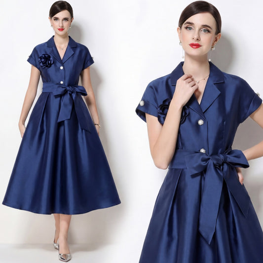 CM-DY072473 Women Elegant European Style Suit Collar Short Sleeve Pinched Waist Mid-Length Dress - Blue