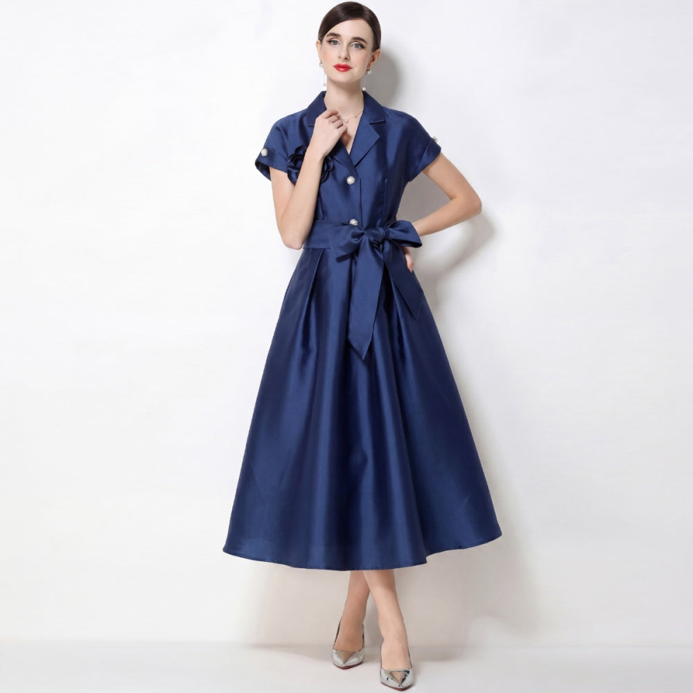 CM-DY072473 Women Elegant European Style Suit Collar Short Sleeve Pinched Waist Mid-Length Dress - Blue