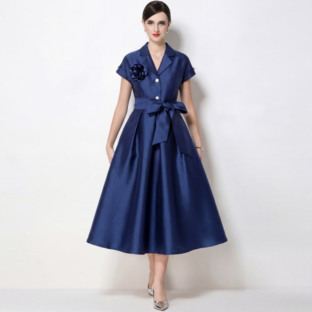 CM-DY072473 Women Elegant European Style Suit Collar Short Sleeve Pinched Waist Mid-Length Dress - Blue