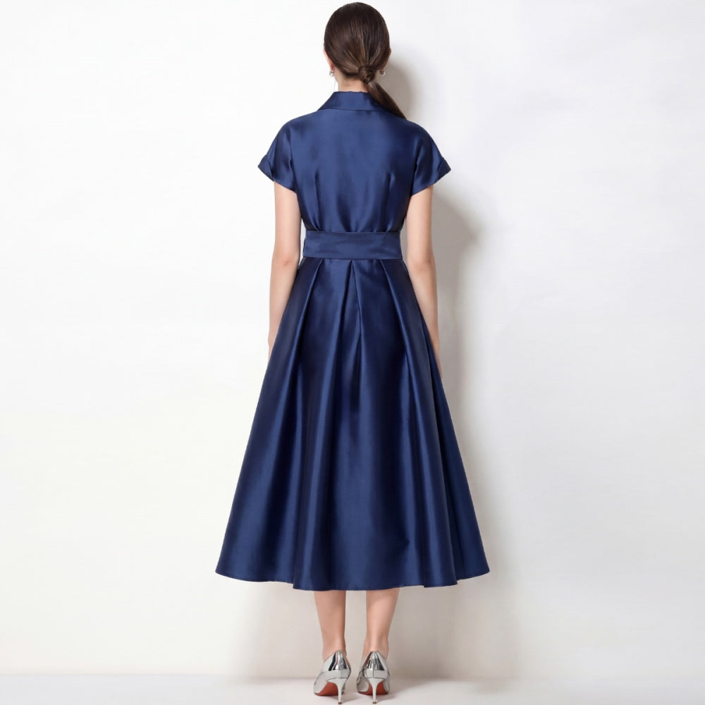 CM-DY072473 Women Elegant European Style Suit Collar Short Sleeve Pinched Waist Mid-Length Dress - Blue