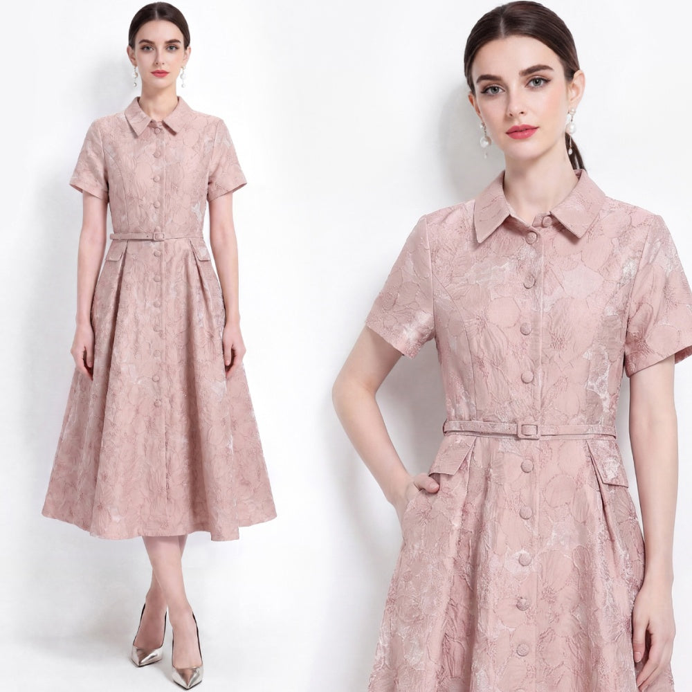 CM-DY072474 Women Elegant European Style Lapel Neckline Short Sleeve Jacquard Mid-Length Dress - Pink