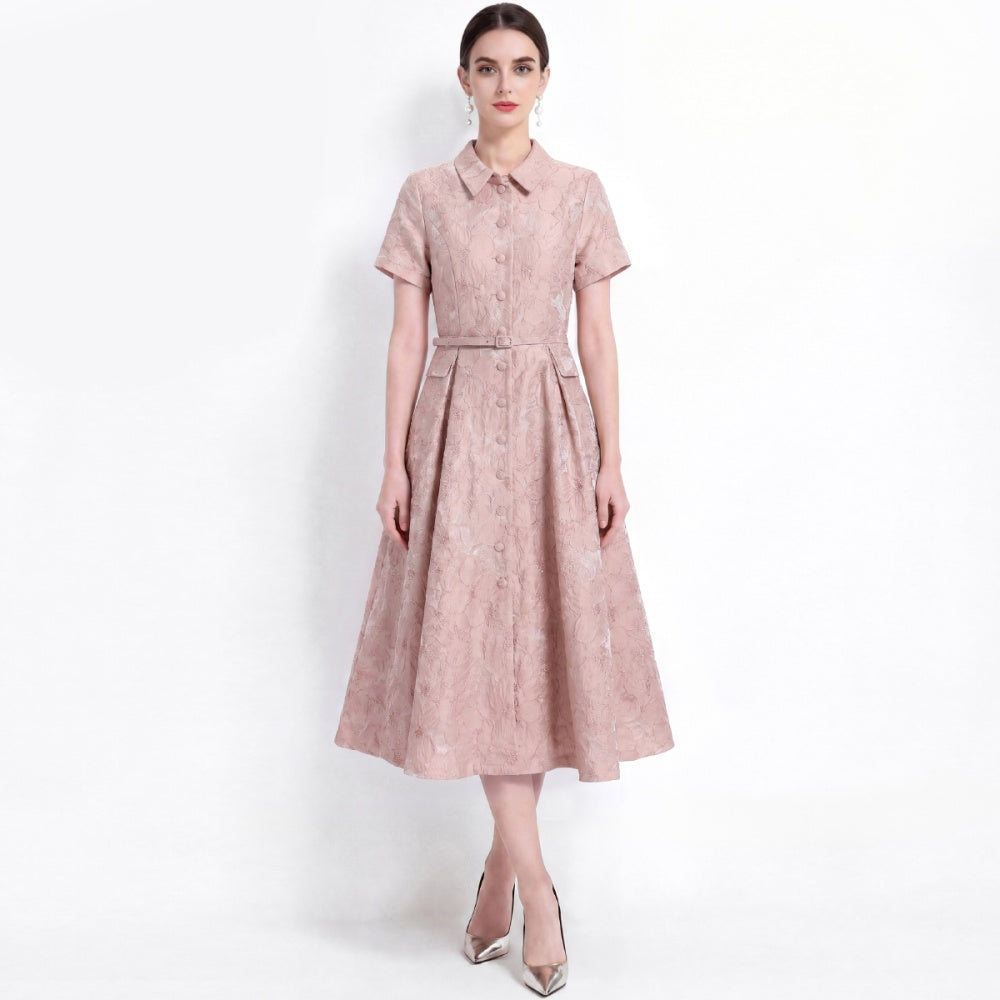 CM-DY072474 Women Elegant European Style Lapel Neckline Short Sleeve Jacquard Mid-Length Dress - Pink