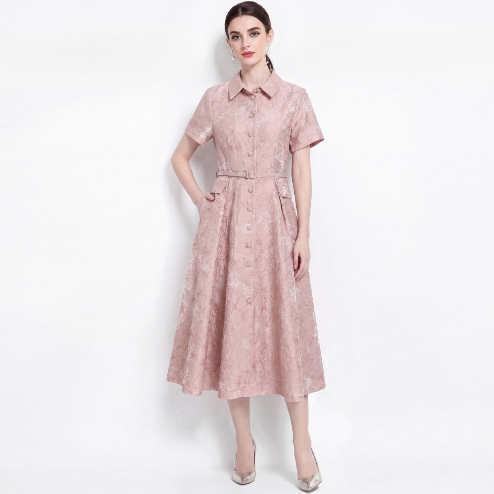 CM-DY072474 Women Elegant European Style Lapel Neckline Short Sleeve Jacquard Mid-Length Dress - Pink