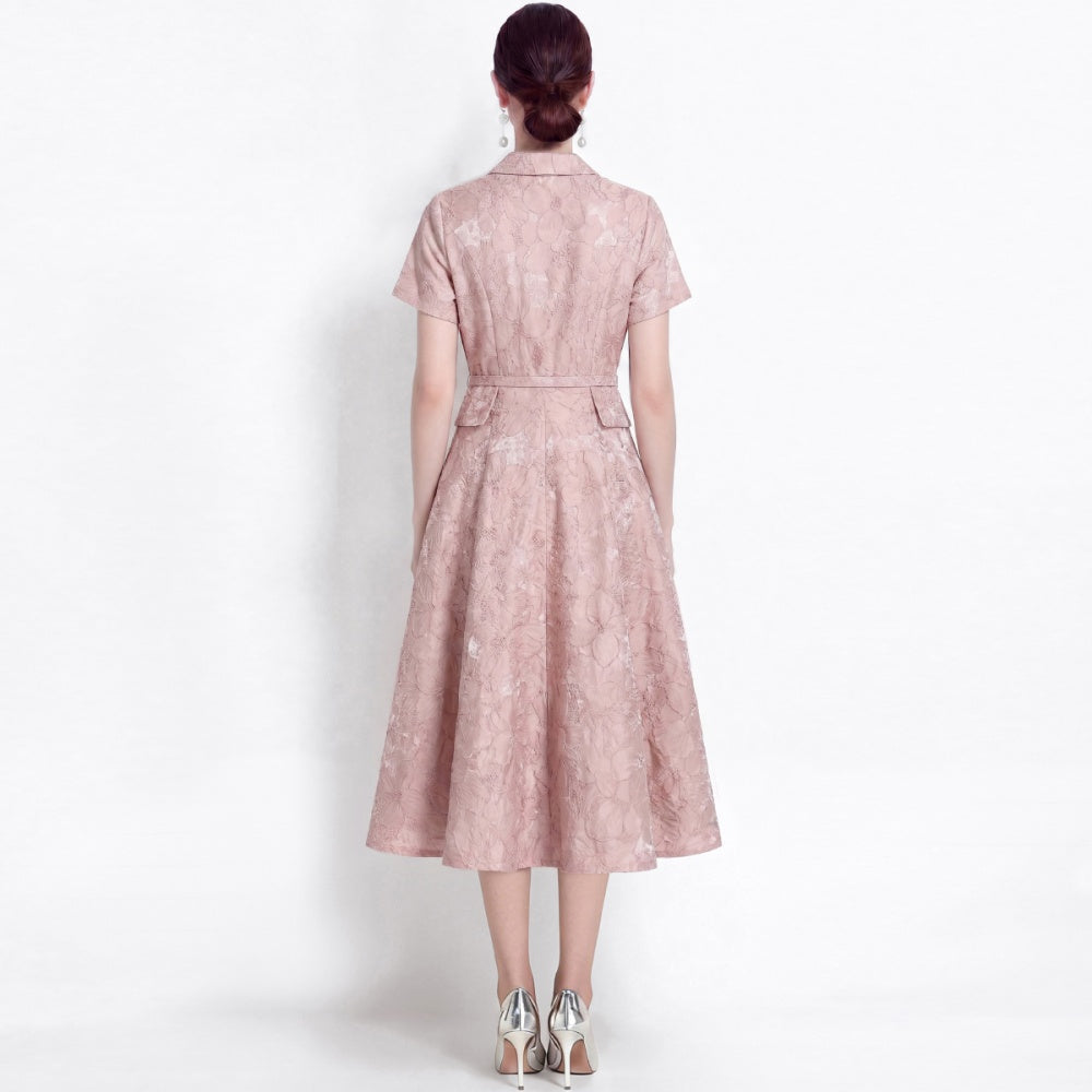 CM-DY072474 Women Elegant European Style Lapel Neckline Short Sleeve Jacquard Mid-Length Dress - Pink