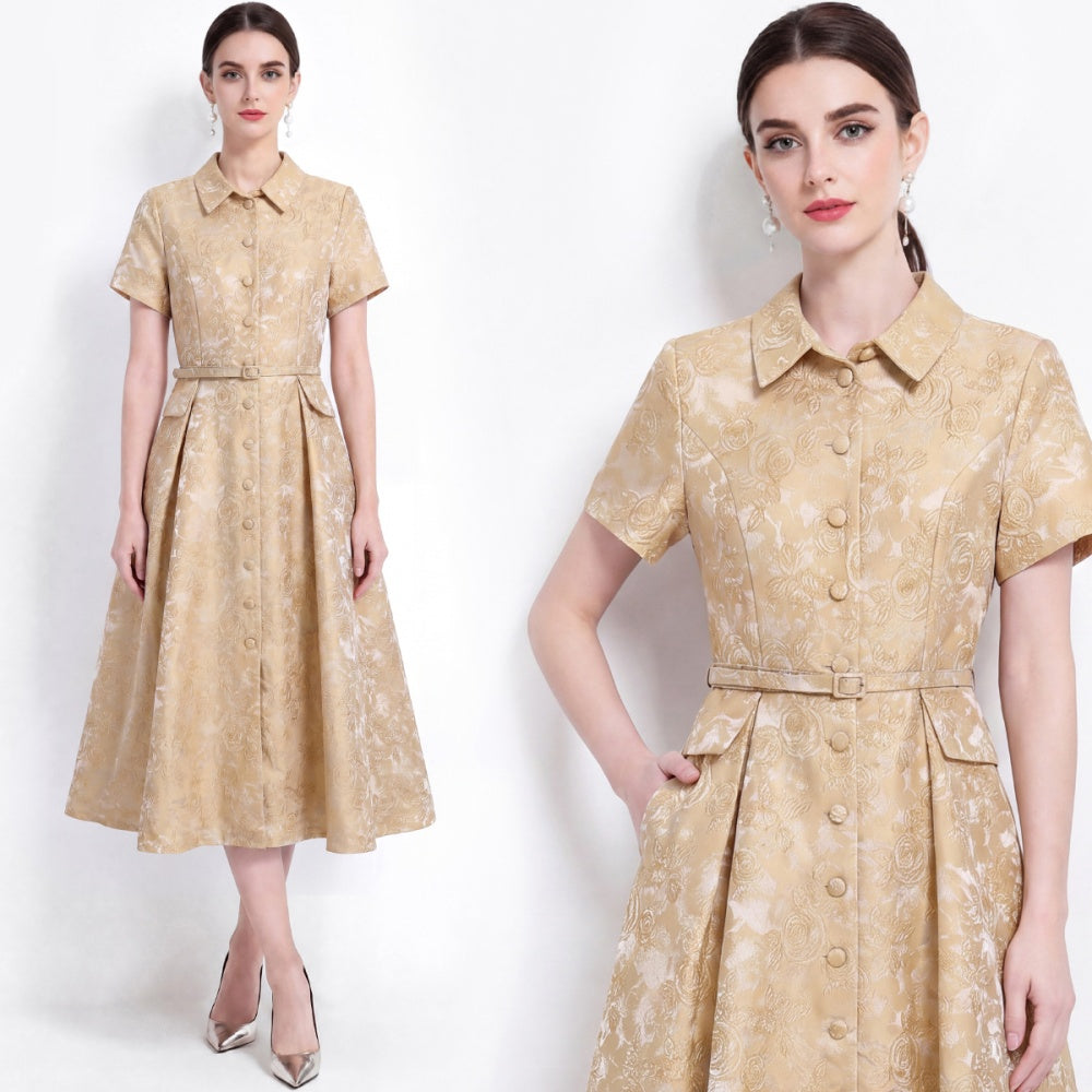 CM-DY072475 Women Elegant European Style Lapel Neckline Short Sleeve Jacquard Mid-Length Dress - Yellow