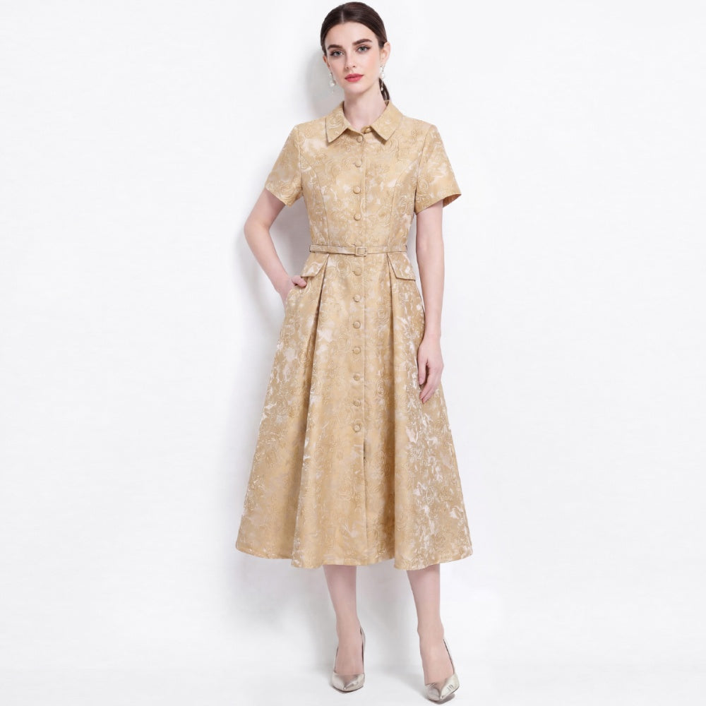 CM-DY072475 Women Elegant European Style Lapel Neckline Short Sleeve Jacquard Mid-Length Dress - Yellow