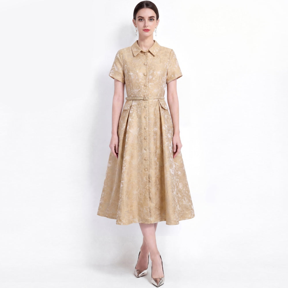 CM-DY072475 Women Elegant European Style Lapel Neckline Short Sleeve Jacquard Mid-Length Dress - Yellow