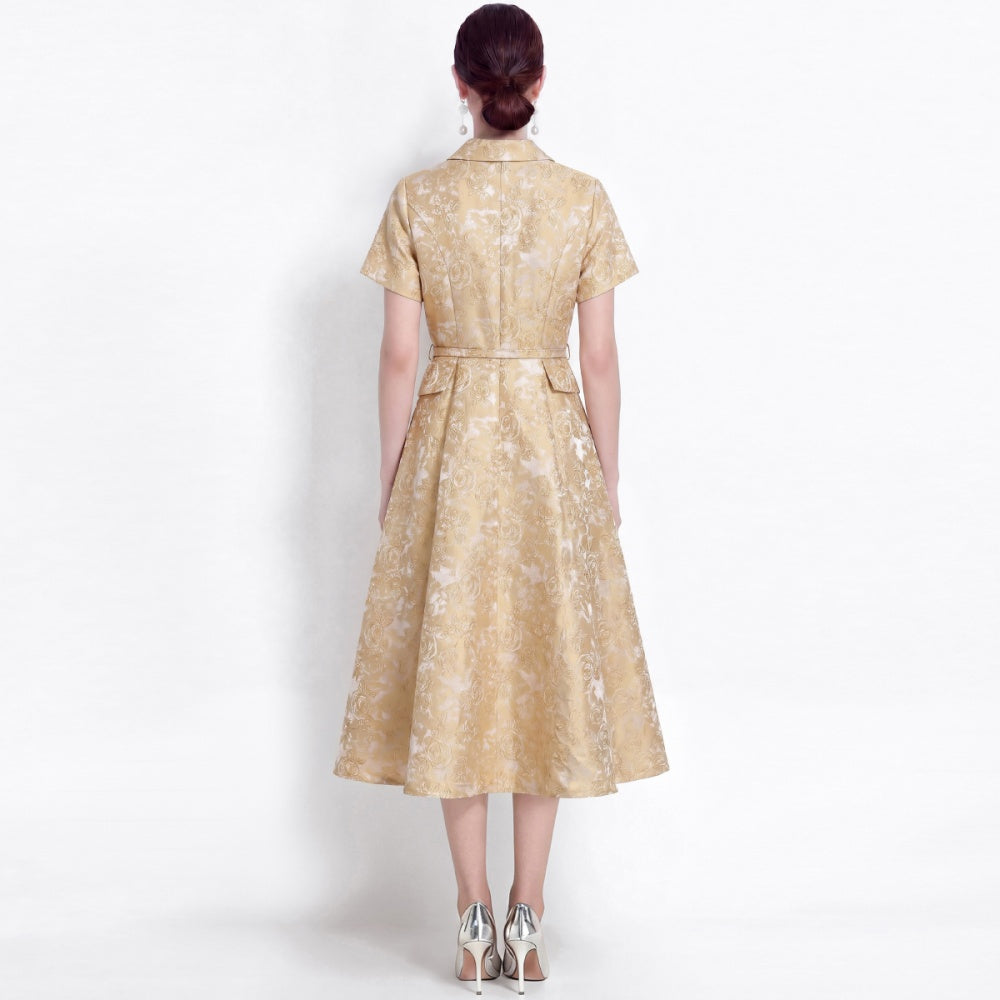 CM-DY072475 Women Elegant European Style Lapel Neckline Short Sleeve Jacquard Mid-Length Dress - Yellow