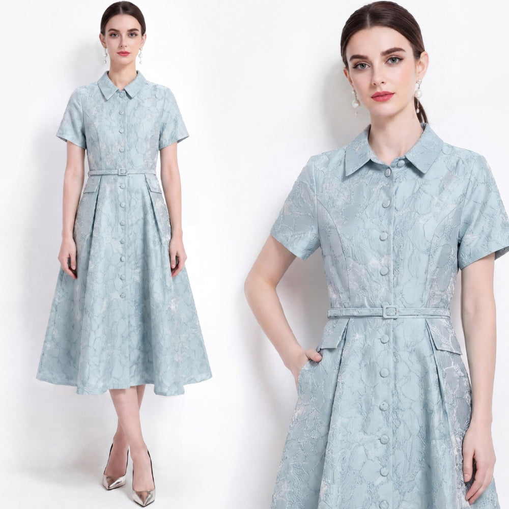 CM-DY072476 Women Elegant European Style Lapel Neckline Short Sleeve Jacquard Mid-Length Dress - Blue