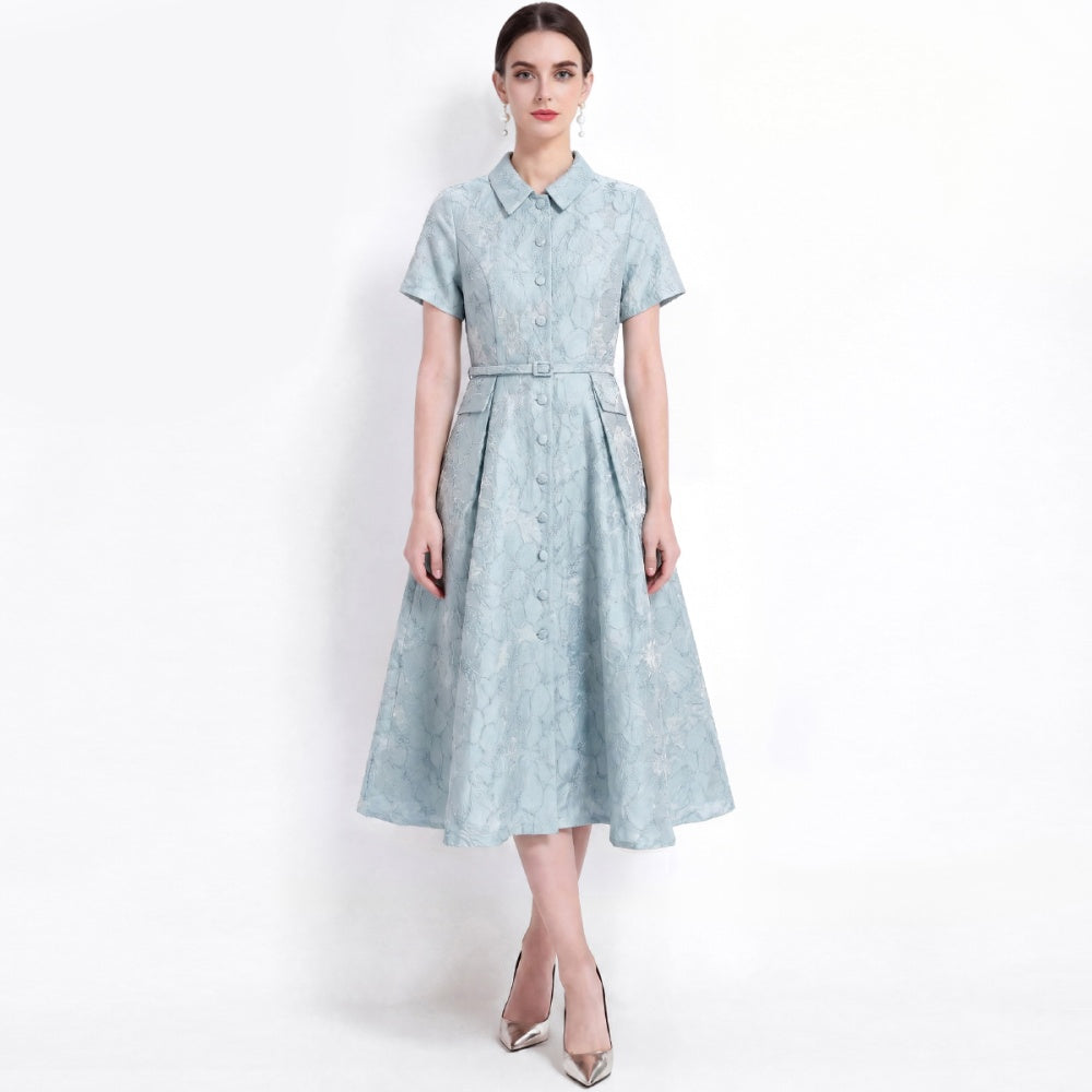 CM-DY072476 Women Elegant European Style Lapel Neckline Short Sleeve Jacquard Mid-Length Dress - Blue