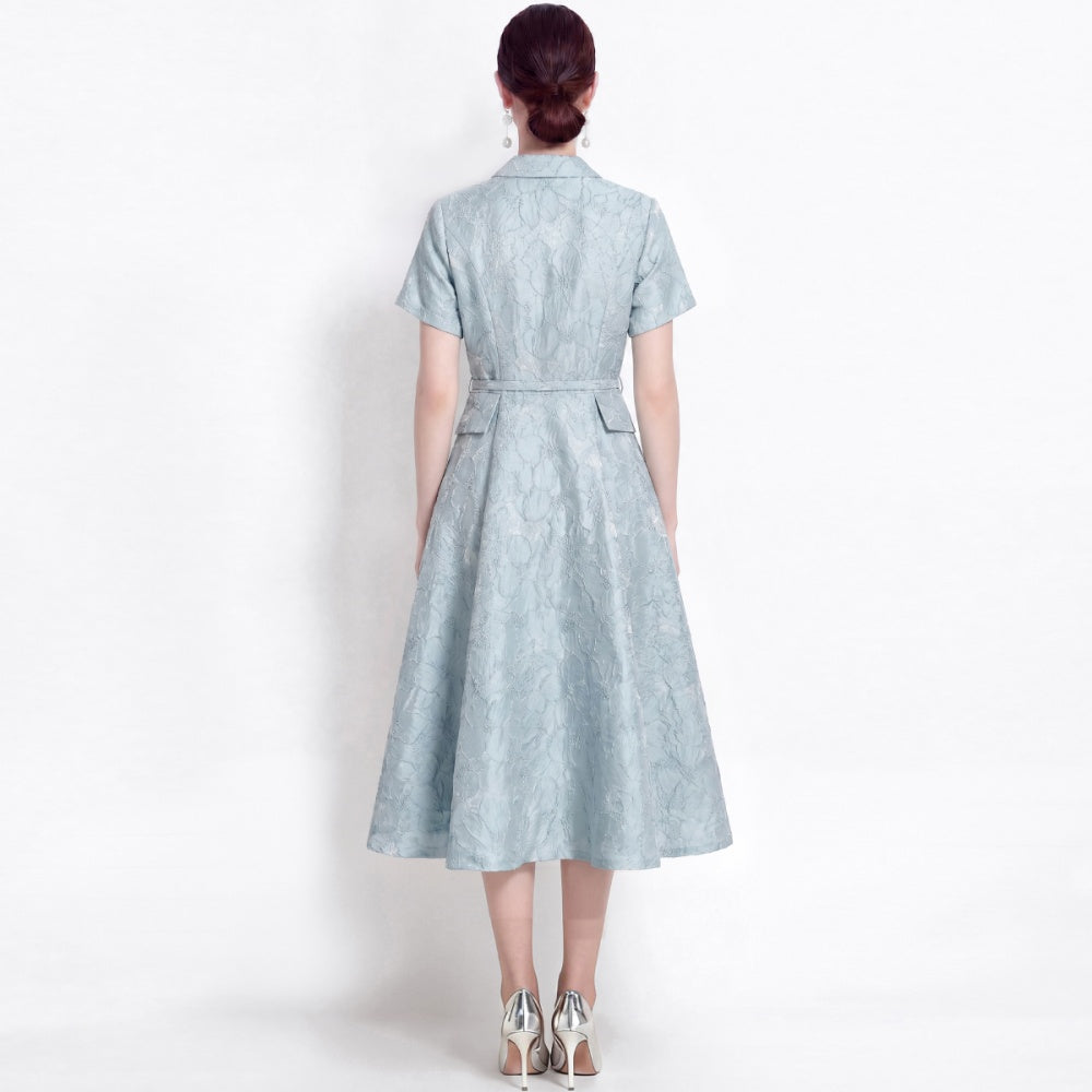 CM-DY072476 Women Elegant European Style Lapel Neckline Short Sleeve Jacquard Mid-Length Dress - Blue