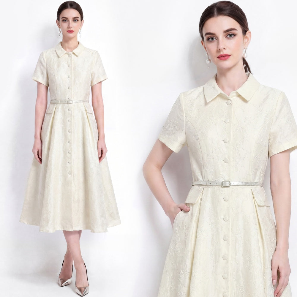 CM-DY072477 Women Elegant European Style Lapel Neckline Short Sleeve Jacquard Mid-Length Dress - Apricot
