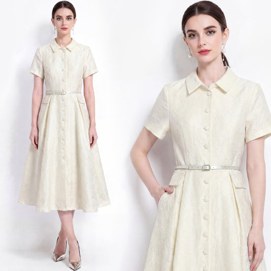 CM-DY072477 Women Elegant European Style Lapel Neckline Short Sleeve Jacquard Mid-Length Dress - Apricot