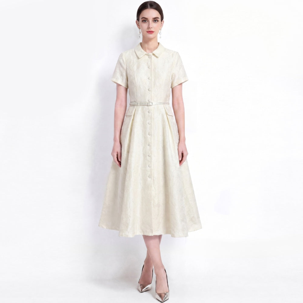 CM-DY072477 Women Elegant European Style Lapel Neckline Short Sleeve Jacquard Mid-Length Dress - Apricot