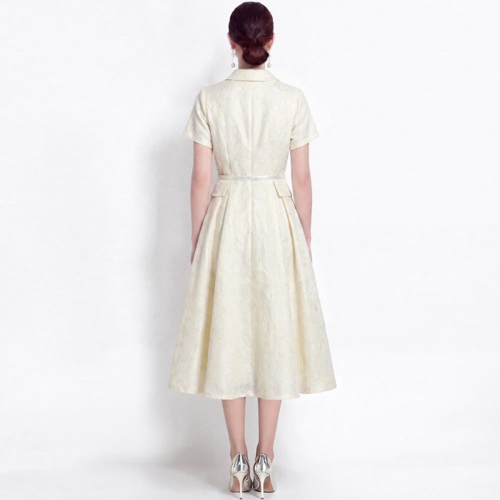CM-DY072477 Women Elegant European Style Lapel Neckline Short Sleeve Jacquard Mid-Length Dress - Apricot
