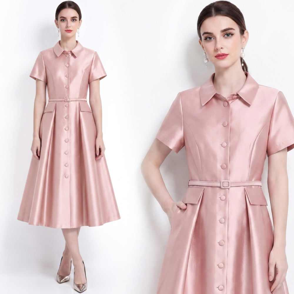 CM-DY072478 Women Elegant European Style Lapel Neckline Short Sleeve High Waist Belted Mid-Length Dress - Pink