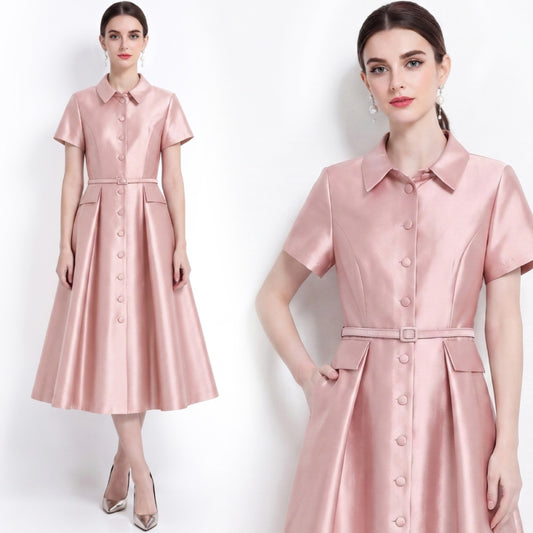 CM-DY072478 Women Elegant European Style Lapel Neckline Short Sleeve High Waist Belted Mid-Length Dress - Pink