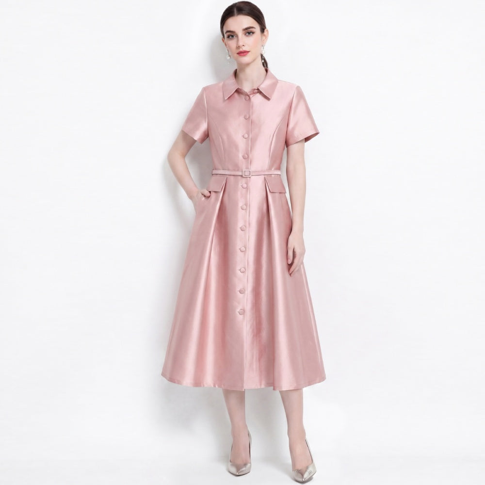 CM-DY072478 Women Elegant European Style Lapel Neckline Short Sleeve High Waist Belted Mid-Length Dress - Pink