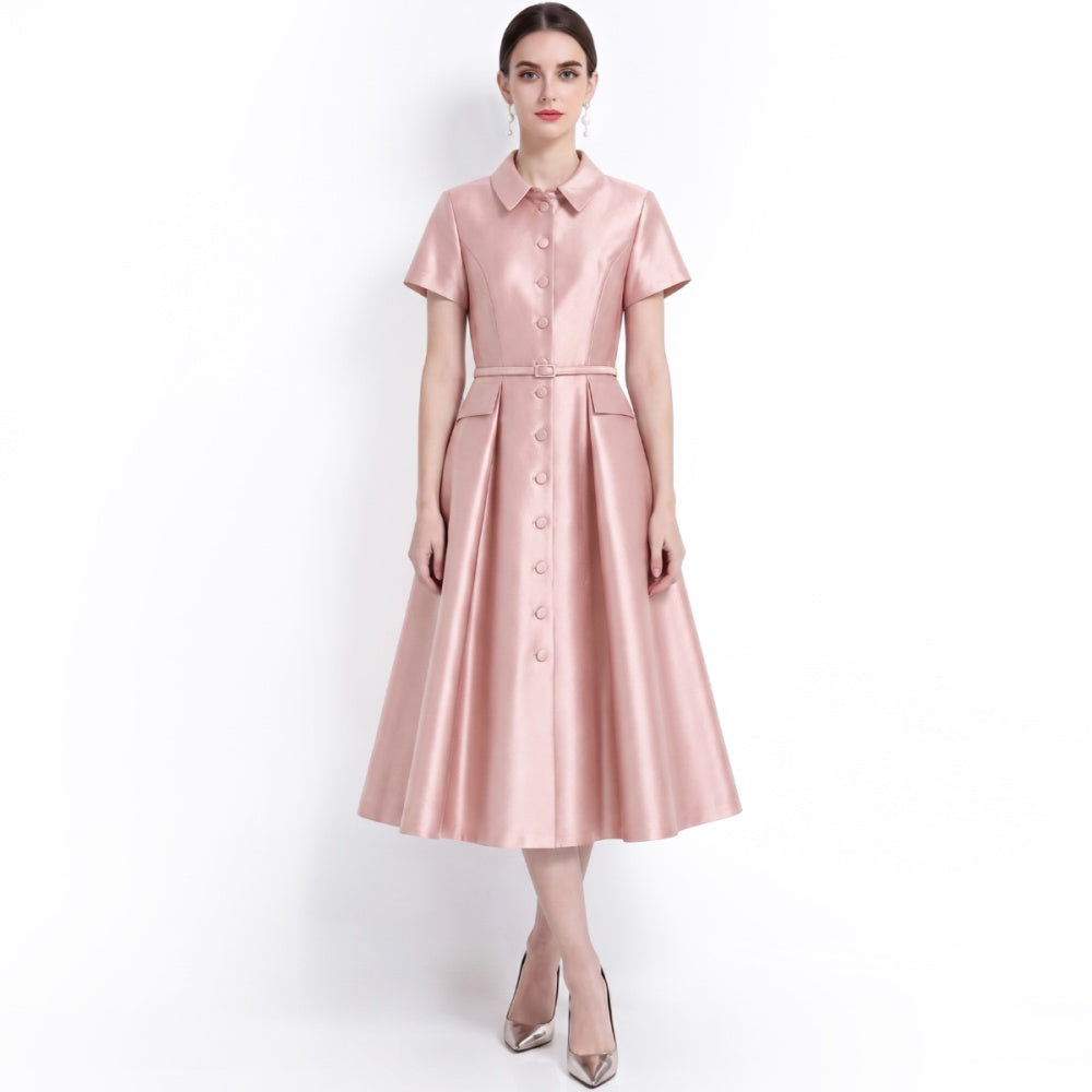 CM-DY072478 Women Elegant European Style Lapel Neckline Short Sleeve High Waist Belted Mid-Length Dress - Pink