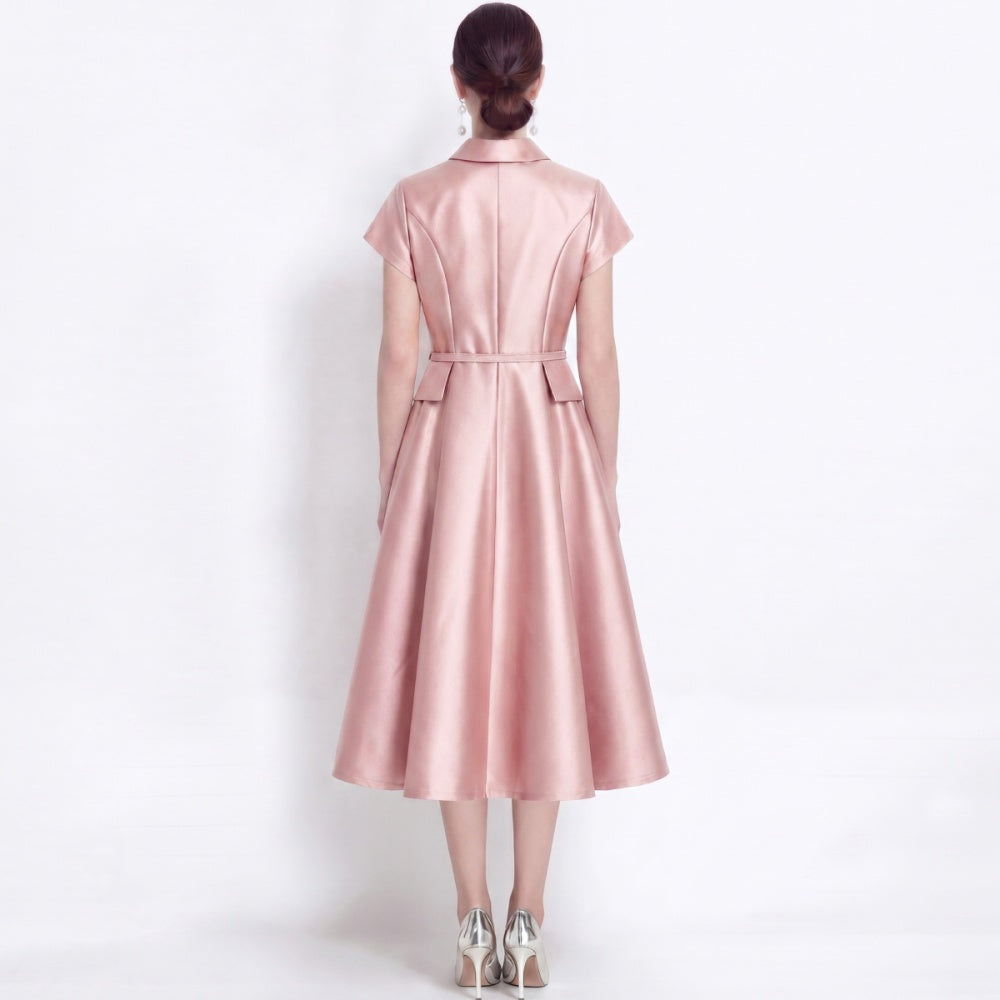 CM-DY072478 Women Elegant European Style Lapel Neckline Short Sleeve High Waist Belted Mid-Length Dress - Pink