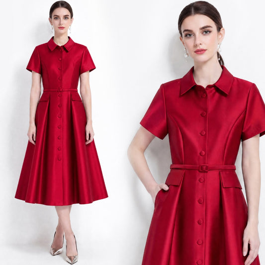 CM-DY072479 Women Elegant European Style Lapel Neckline Short Sleeve High Waist Belted Mid-Length Dress - Red