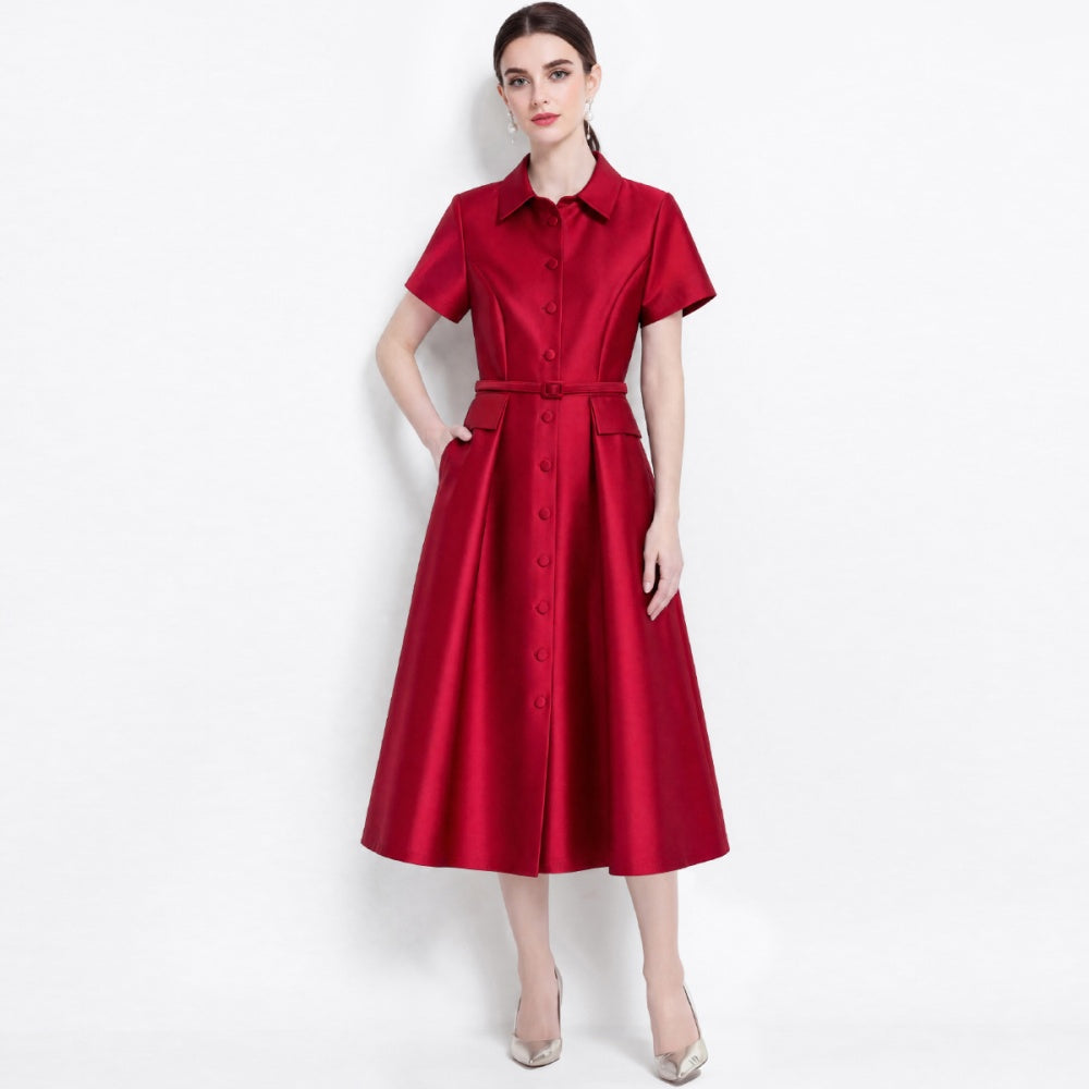 CM-DY072479 Women Elegant European Style Lapel Neckline Short Sleeve High Waist Belted Mid-Length Dress - Red
