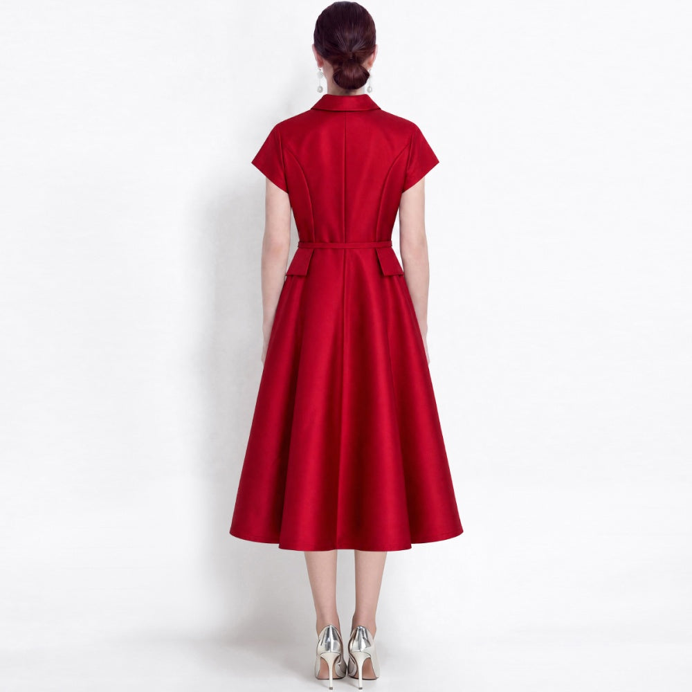 CM-DY072479 Women Elegant European Style Lapel Neckline Short Sleeve High Waist Belted Mid-Length Dress - Red