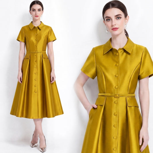 CM-DY072480 Women Elegant European Style Lapel Neckline Short Sleeve High Waist Belted Mid-Length Dress - Yellow
