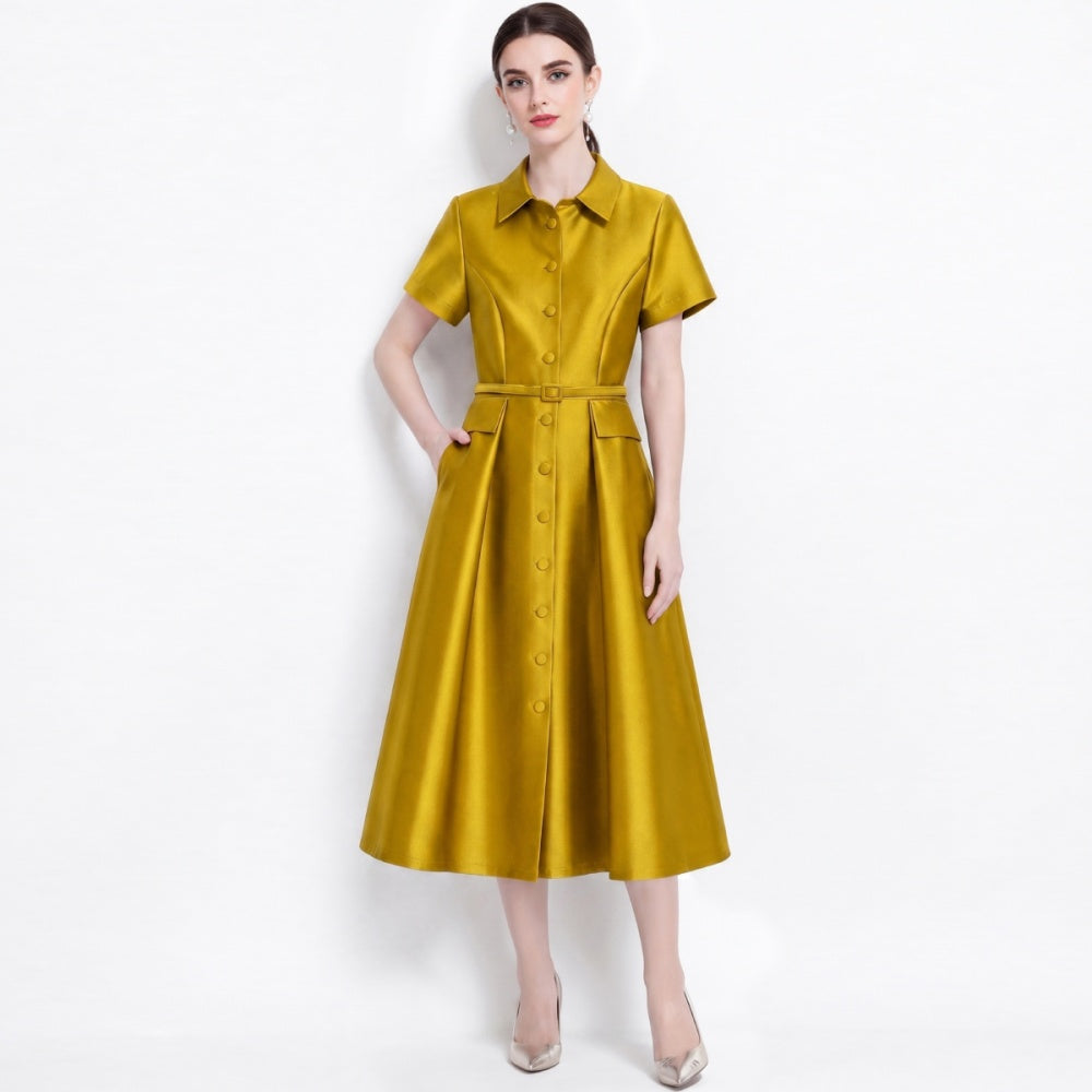 CM-DY072480 Women Elegant European Style Lapel Neckline Short Sleeve High Waist Belted Mid-Length Dress - Yellow