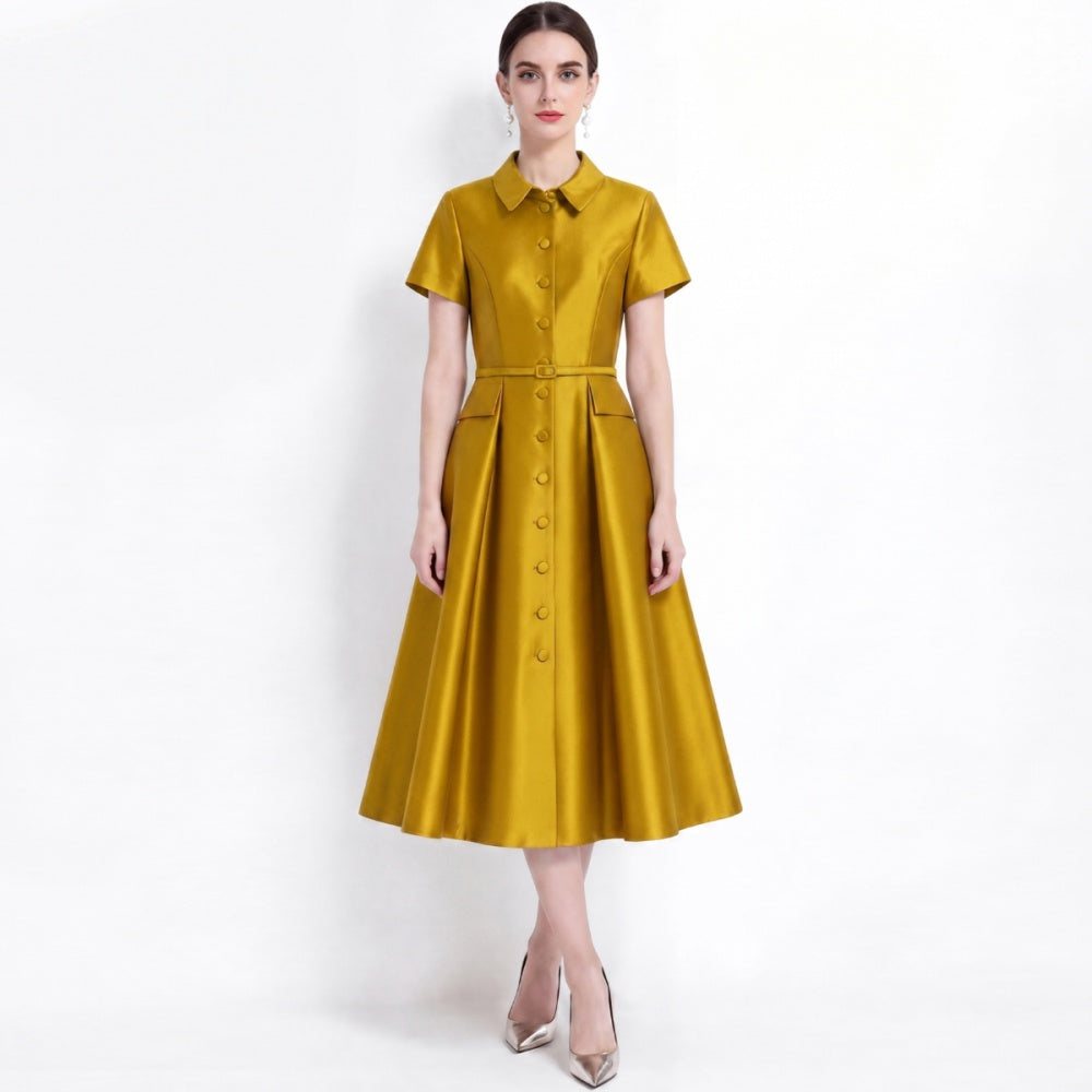 CM-DY072480 Women Elegant European Style Lapel Neckline Short Sleeve High Waist Belted Mid-Length Dress - Yellow