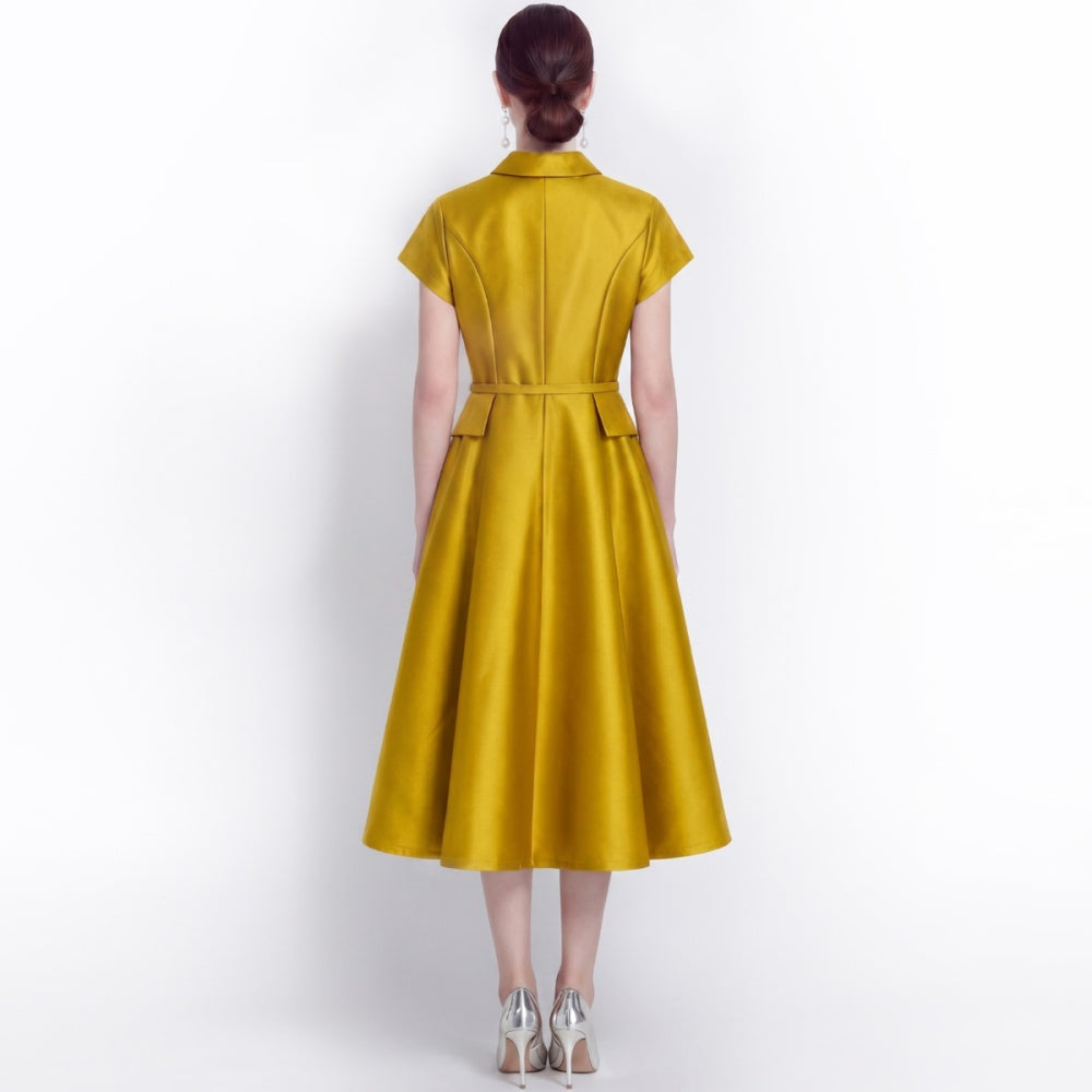 CM-DY072480 Women Elegant European Style Lapel Neckline Short Sleeve High Waist Belted Mid-Length Dress - Yellow