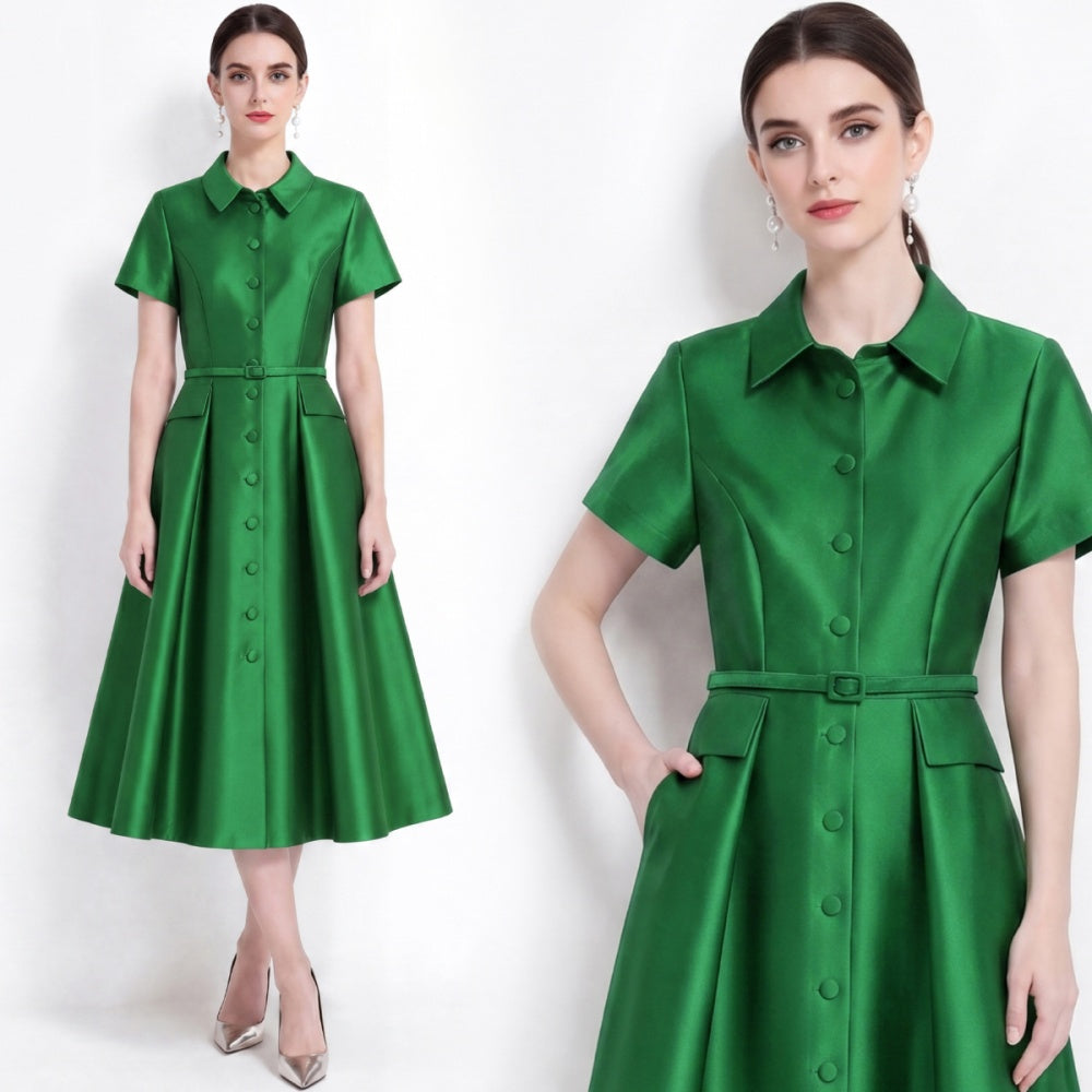 CM-DY072481 Women Elegant European Style Lapel Neckline Short Sleeve High Waist Belted Mid-Length Dress - Green