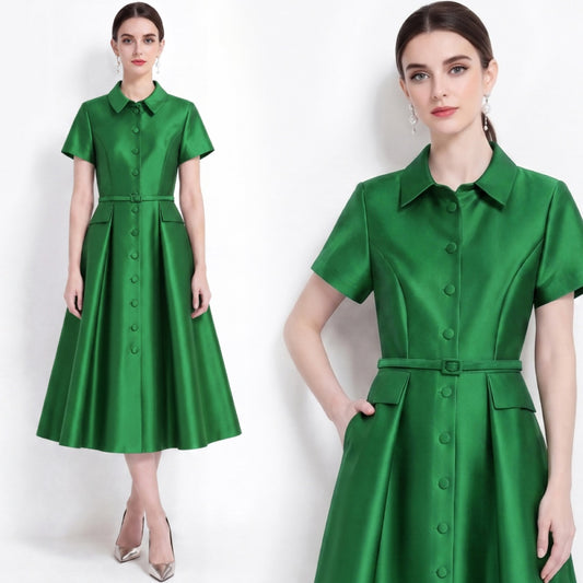 CM-DY072481 Women Elegant European Style Lapel Neckline Short Sleeve High Waist Belted Mid-Length Dress - Green