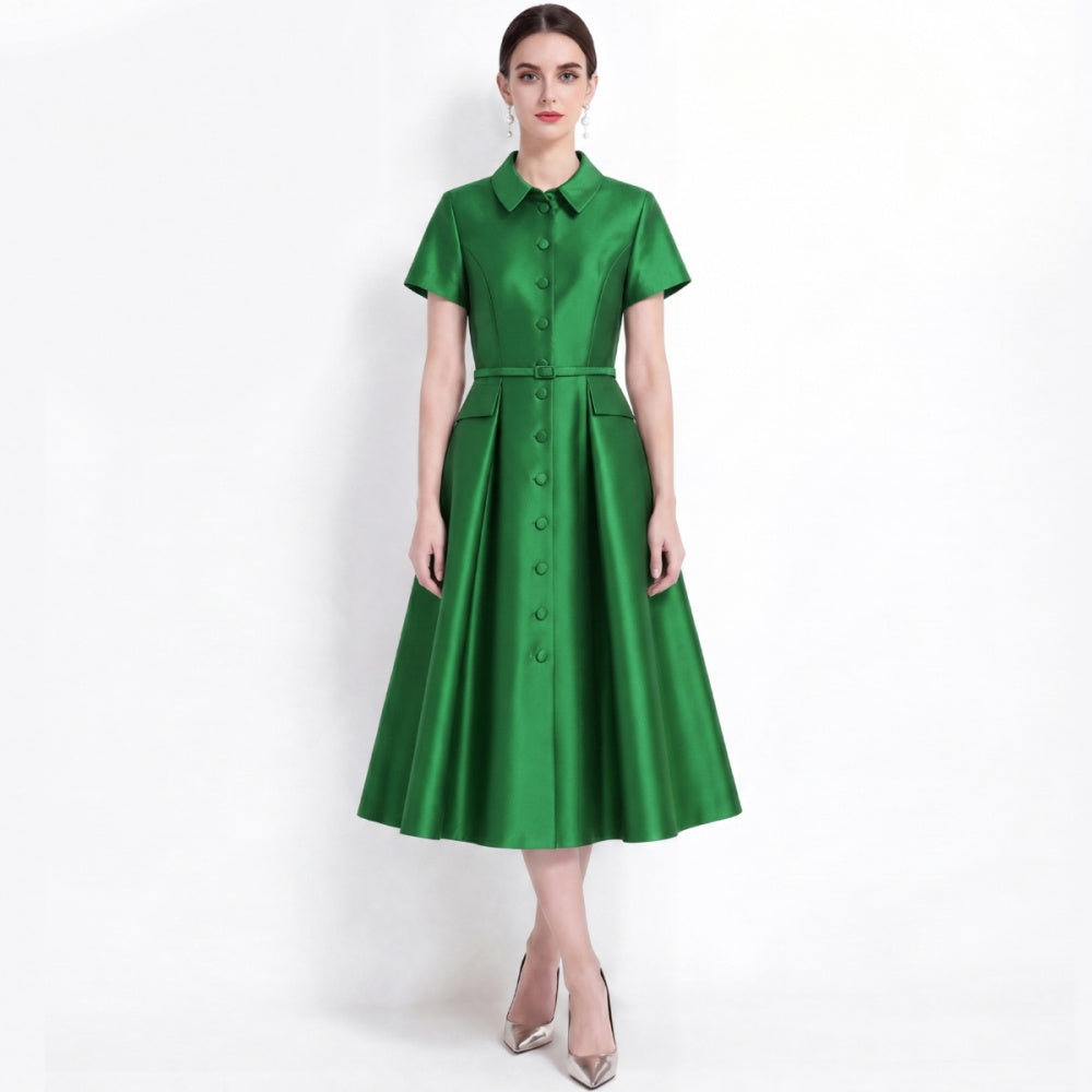 CM-DY072481 Women Elegant European Style Lapel Neckline Short Sleeve High Waist Belted Mid-Length Dress - Green
