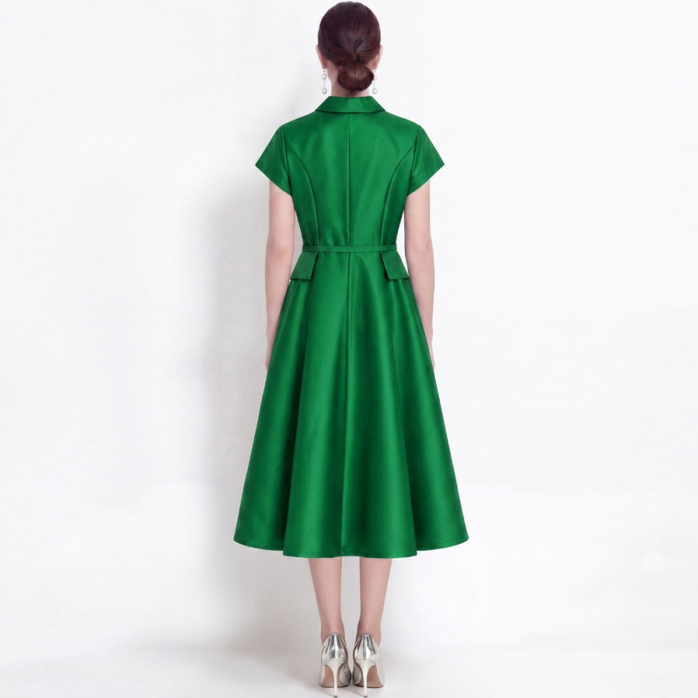 CM-DY072481 Women Elegant European Style Lapel Neckline Short Sleeve High Waist Belted Mid-Length Dress - Green