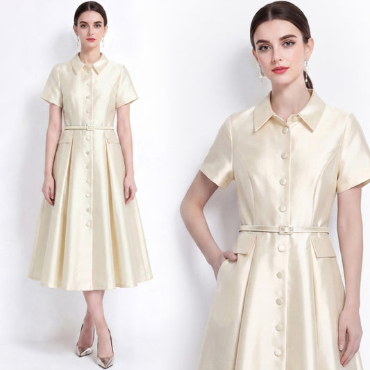 CM-DY072482 Women Elegant European Style Lapel Neckline Short Sleeve High Waist Belted Mid-Length Dress - Apricot