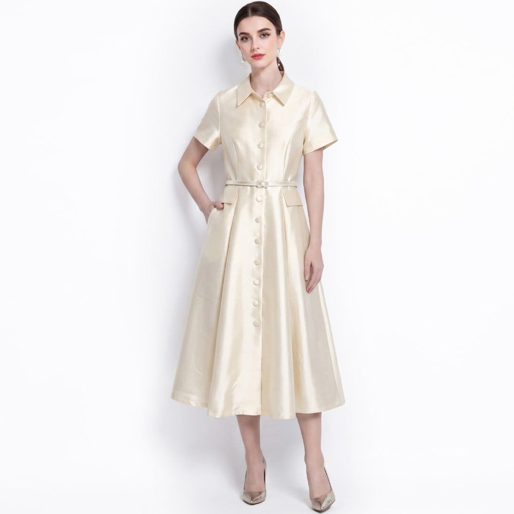 CM-DY072482 Women Elegant European Style Lapel Neckline Short Sleeve High Waist Belted Mid-Length Dress - Apricot