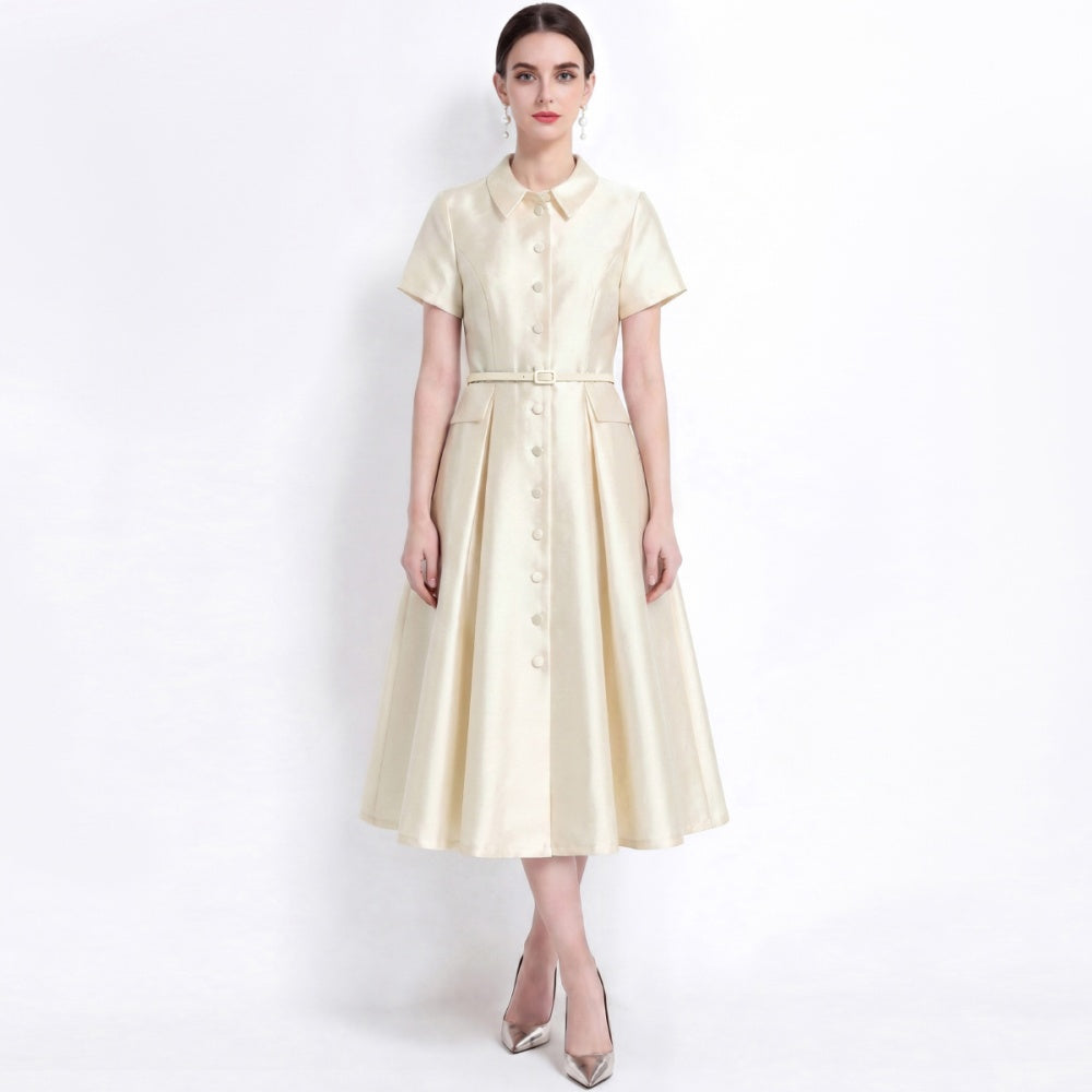 CM-DY072482 Women Elegant European Style Lapel Neckline Short Sleeve High Waist Belted Mid-Length Dress - Apricot