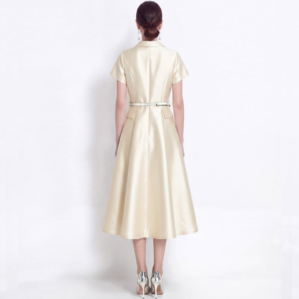 CM-DY072482 Women Elegant European Style Lapel Neckline Short Sleeve High Waist Belted Mid-Length Dress - Apricot