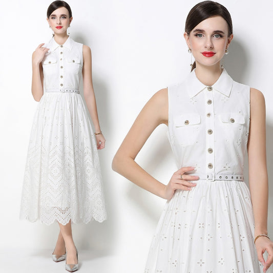 CM-DY072483 Women Elegant European Style Hollow Out Lapel Neckline Sleeveless Belted Mid-Length Dress - White