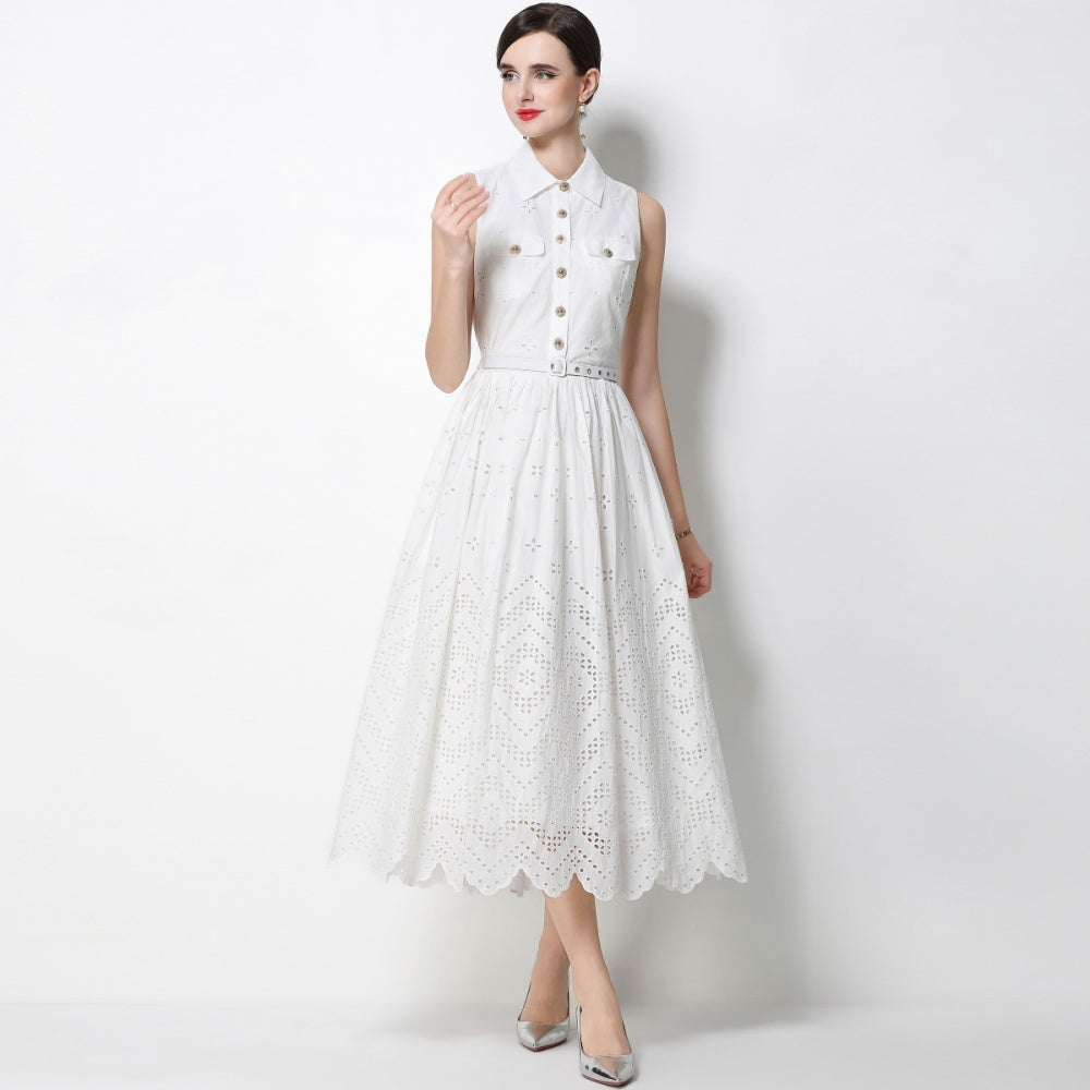 CM-DY072483 Women Elegant European Style Hollow Out Lapel Neckline Sleeveless Belted Mid-Length Dress - White
