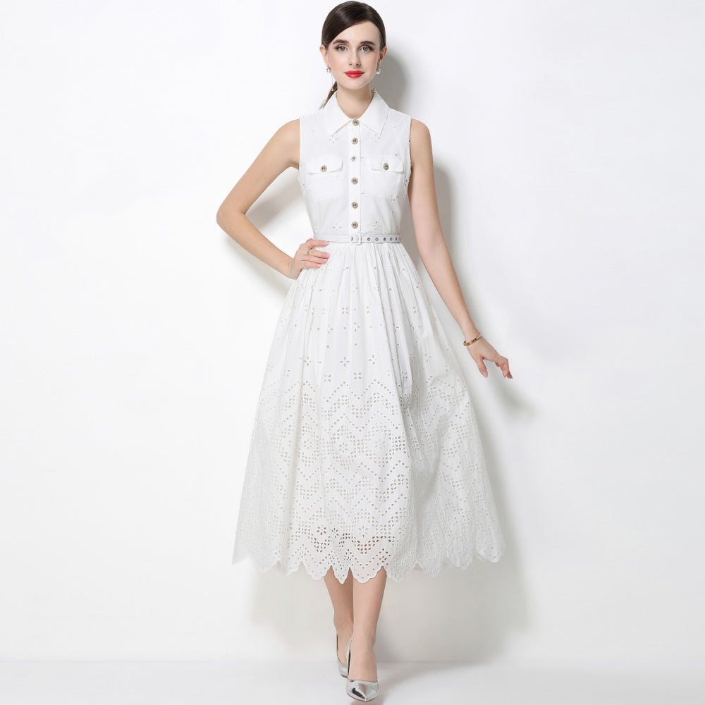 CM-DY072483 Women Elegant European Style Hollow Out Lapel Neckline Sleeveless Belted Mid-Length Dress - White