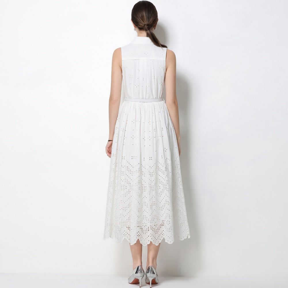 CM-DY072483 Women Elegant European Style Hollow Out Lapel Neckline Sleeveless Belted Mid-Length Dress - White