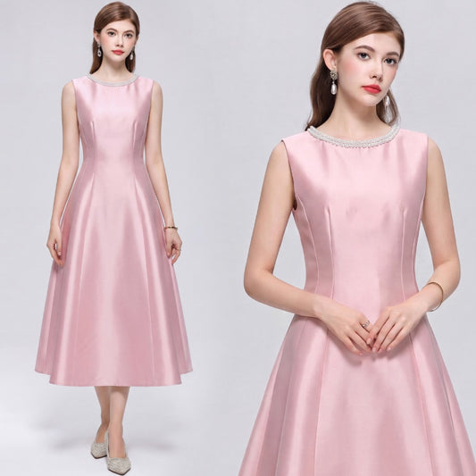 CM-DY072484 Women Elegant European Style Round Neck Sleeveless Rhinestone Satin Mid-Length Dress - Pink