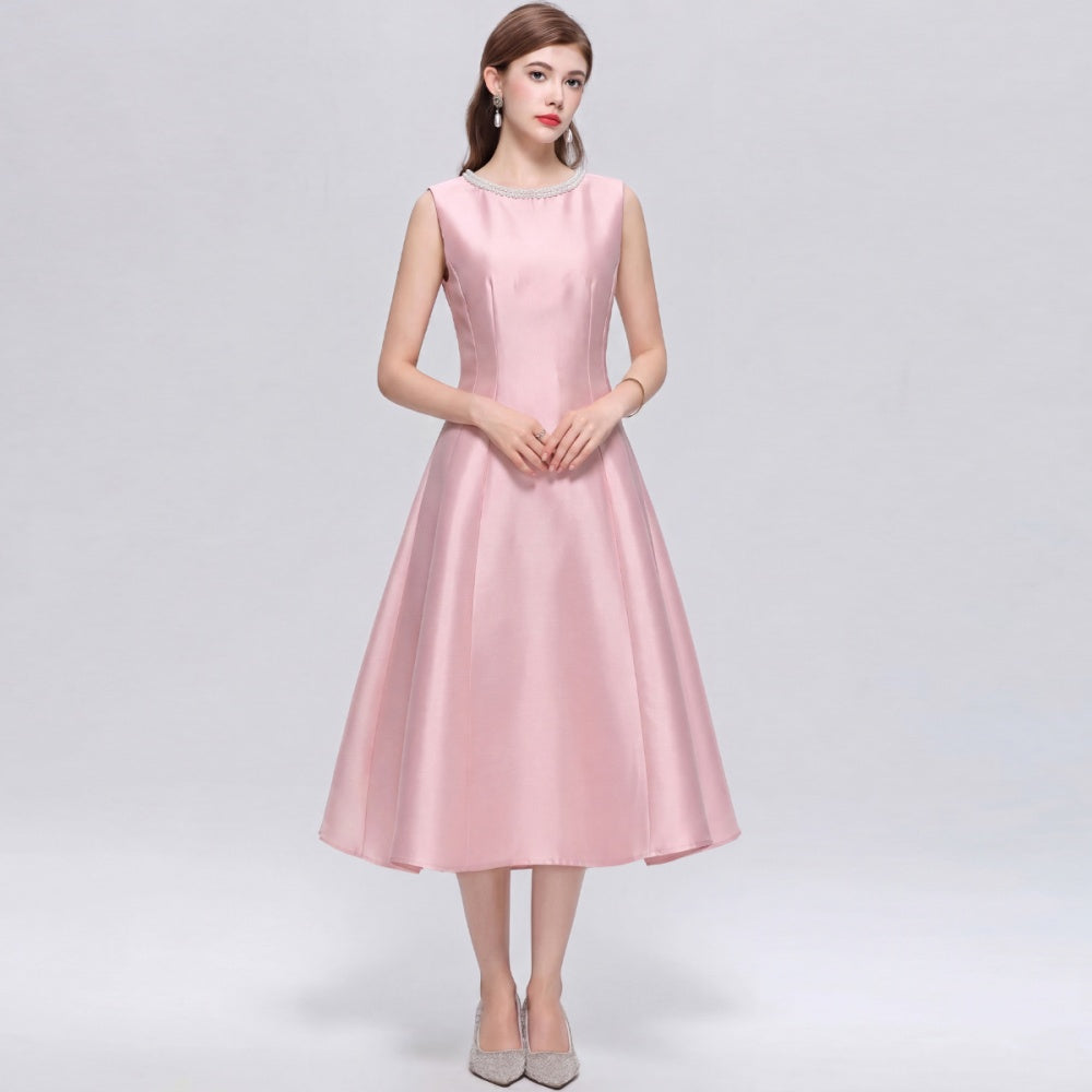 CM-DY072484 Women Elegant European Style Round Neck Sleeveless Rhinestone Satin Mid-Length Dress - Pink