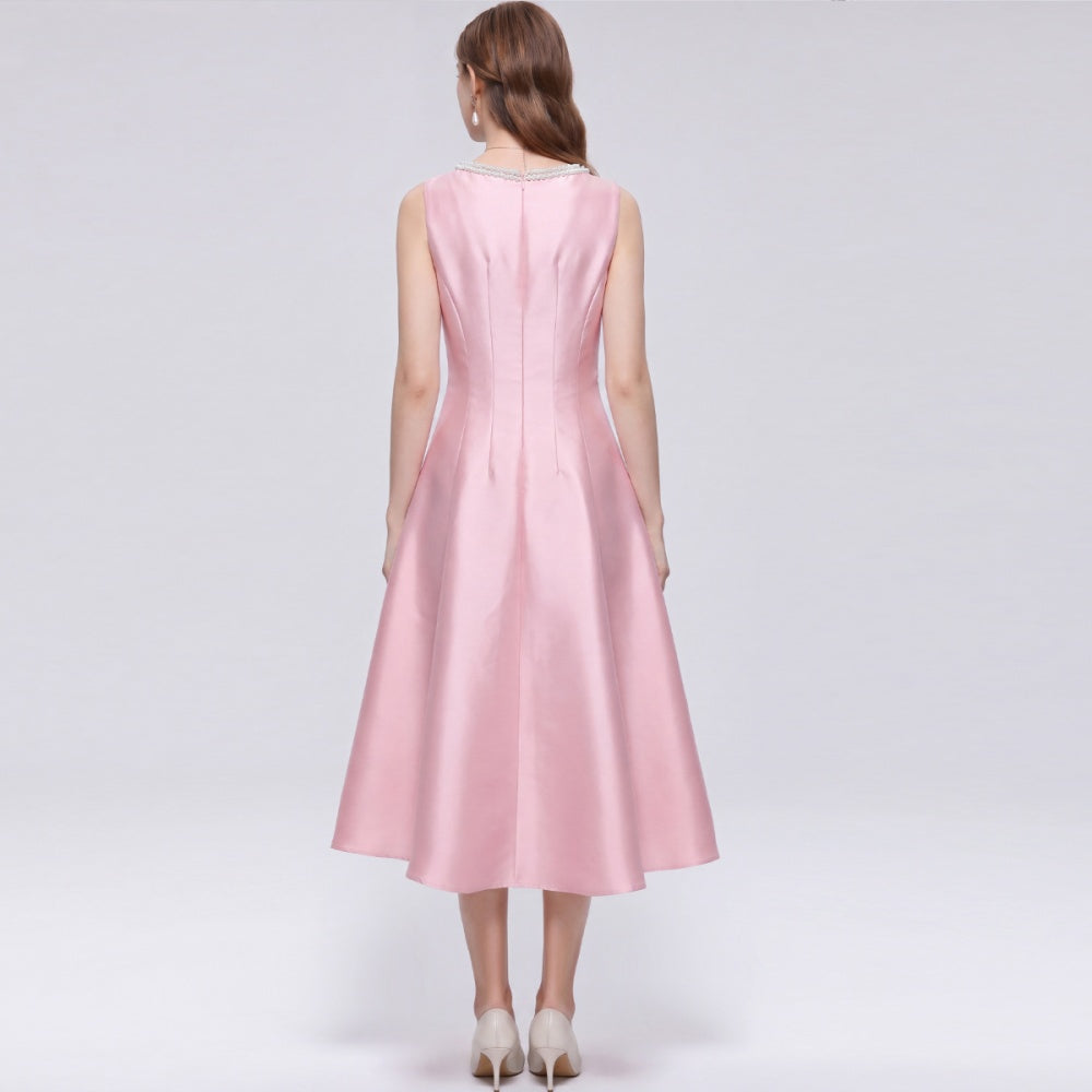 CM-DY072484 Women Elegant European Style Round Neck Sleeveless Rhinestone Satin Mid-Length Dress - Pink