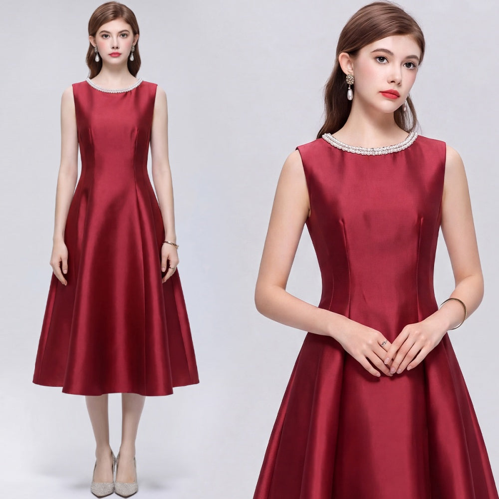 CM-DY072485 Women Elegant European Style Round Neck Sleeveless Rhinestone Satin Mid-Length Dress - Red
