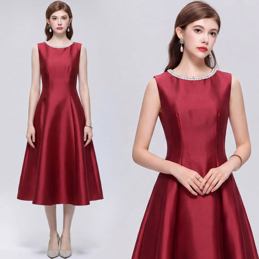 CM-DY072485 Women Elegant European Style Round Neck Sleeveless Rhinestone Satin Mid-Length Dress - Red